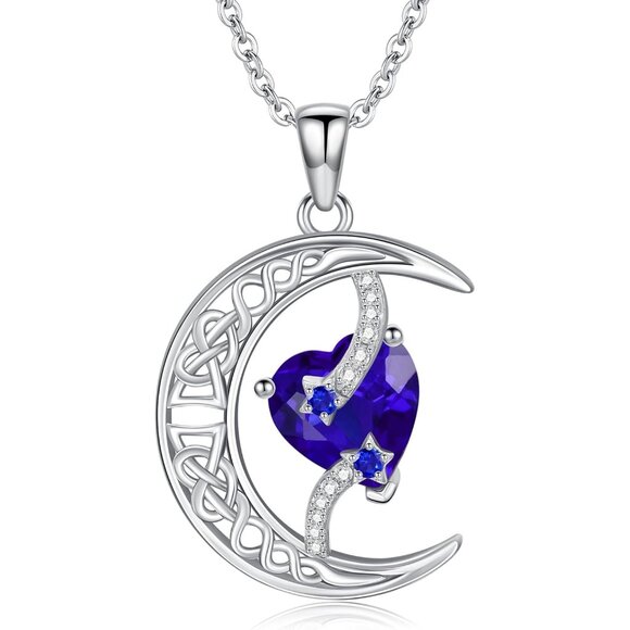 Moon and Star Birthstone Necklace for Women 925 Sterling Silver Celtic Moon Jewe